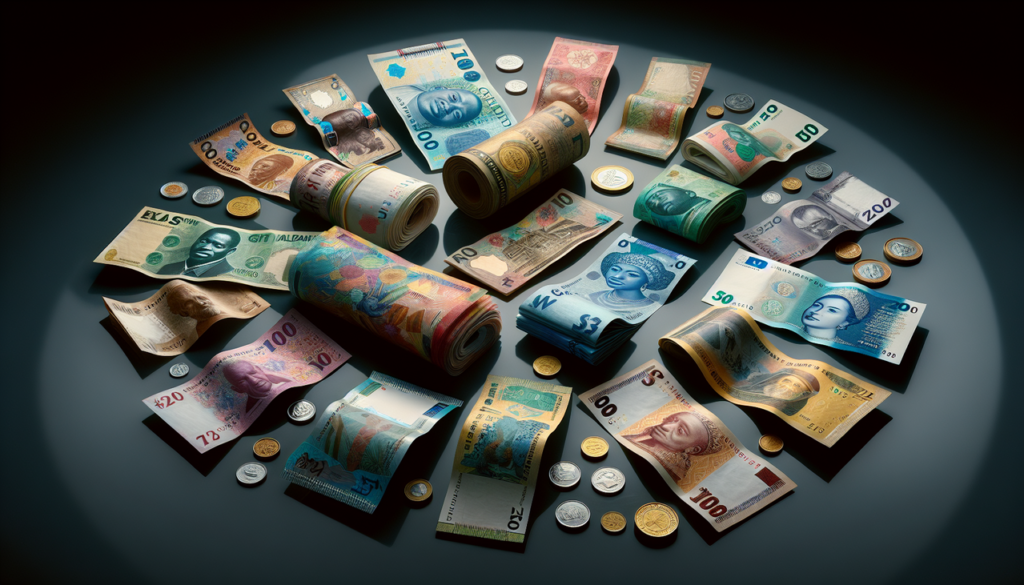 Monnaie en G, collection de devises mondiales incluant le Cedi ghanéen et le Quetzal guatémaltèque.