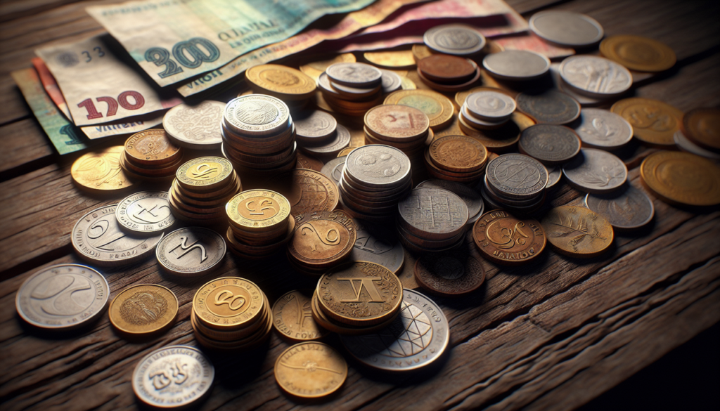 Affiche diverses monnaies commençant par 'M' : peso mexicain, dirham marocain, leu moldave, ariary malgache, sur une table en bois rustique éclairée naturellement, avec une légère ombre pour la texture. Optimise la netteté et les couleurs pour une photo réaliste en haute résolution, en utilisant une profondeur de champ pour mettre en valeur les caractéristiques les plus reconnaissables de chaque monnaie, tout en assurant l'identifiabilité de chacune et l'équilibre de la composition.
