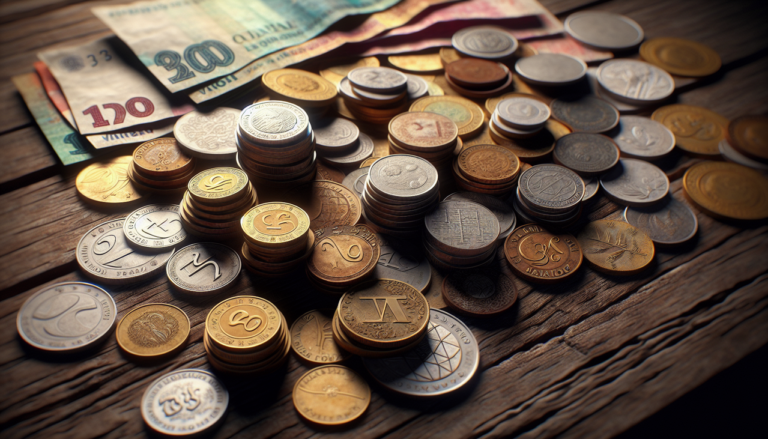 Affiche diverses monnaies commençant par 'M' : peso mexicain, dirham marocain, leu moldave, ariary malgache, sur une table en bois rustique éclairée naturellement, avec une légère ombre pour la texture. Optimise la netteté et les couleurs pour une photo réaliste en haute résolution, en utilisant une profondeur de champ pour mettre en valeur les caractéristiques les plus reconnaissables de chaque monnaie, tout en assurant l'identifiabilité de chacune et l'équilibre de la composition.