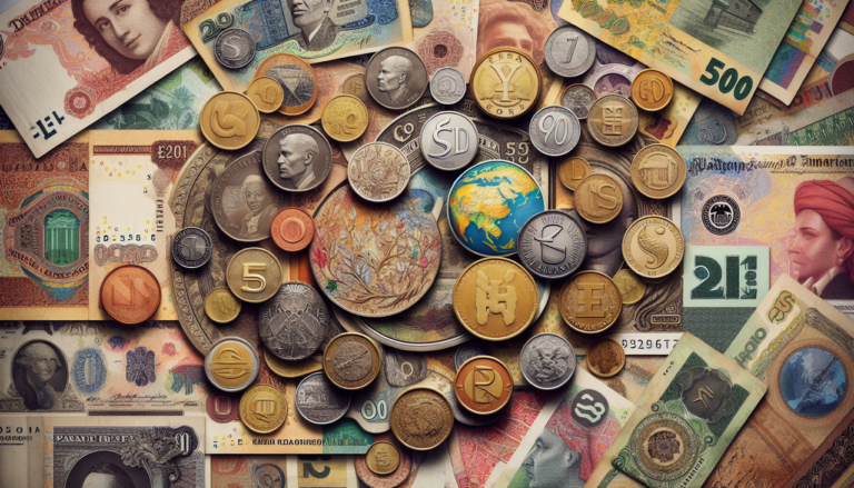 Afficher : "Collage de monnaies en P : sol péruvien, zloty polonais, peso philippin, rupee pakistanais, kina papouasien."