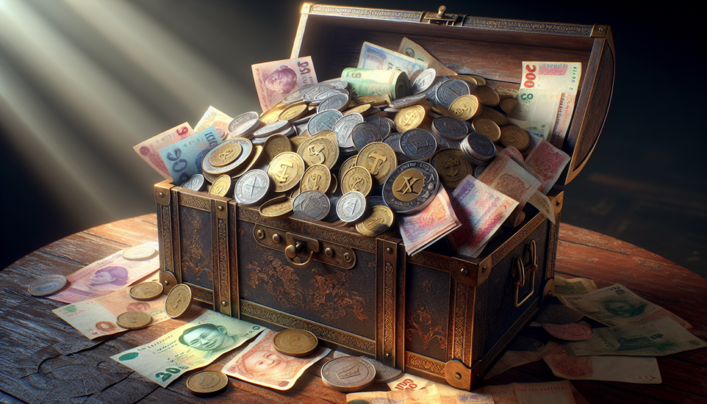 Monnaie en T, coffre au trésor débordant de devises : baht thaïlandais, lira turque, pa'anga tongien. Maître éclairage dynamique sur table ancienne, textures et couleurs riches, profondeur.