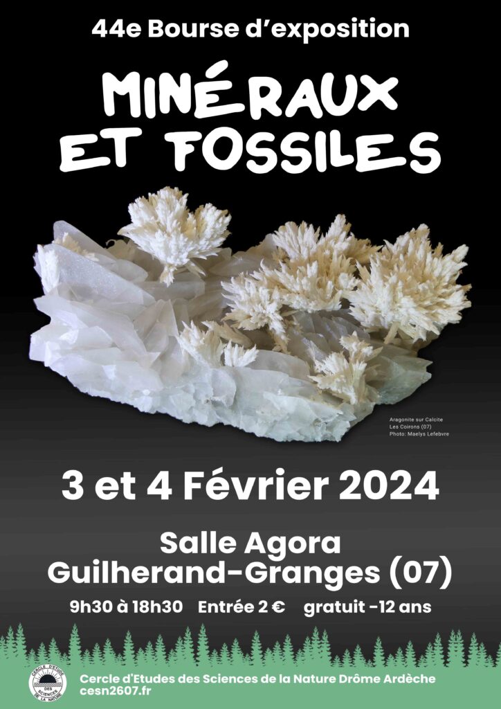 Affiche officielle de la 44ème Bourse aux Minéraux et Fossiles de Guilherand-Granges, événement incontournable pour les passionnés de minéralogie en 2024.