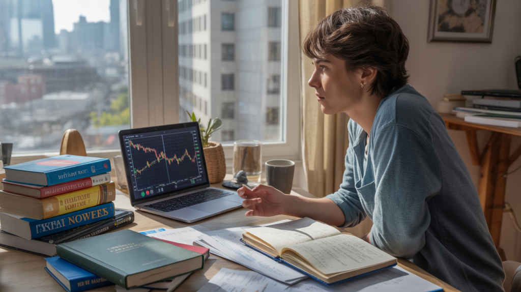 jeune adulte étudiant la bourse à un bureau lumineux avec ordinateur, carnets et livres financiers, ambiance naturelle et réaliste
