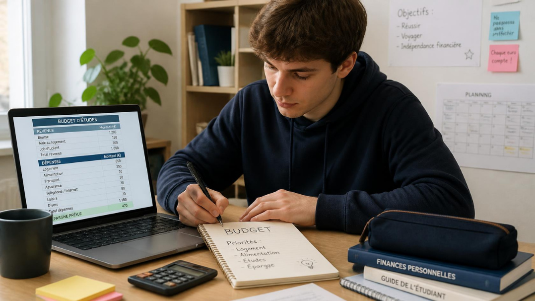 Étudiant préparant son budget d'études avec un ordinateur et un carnet